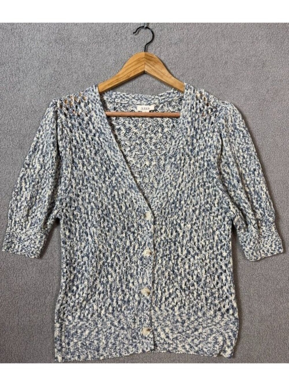 ANA Womens M Blue Cream Marled Knit Short Sleeve Cardigan Buttons V Neck